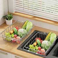 Kitchen Sink Colander Stainless Steel Colander with Square Holes, Expandable Dish Draining Basket and Vegetable Washing Basin, Modern Kitchen