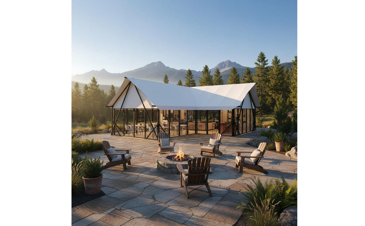 Large Hotel Tent Sturdy Frame Glass Wall Resort Cabin Spacious Interior Tensile Membrane Shelter for Campsite Owners, Tourist Resorts, Campsites