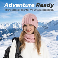 Women Beanie Hats for Winter Outdoor Warmth with Ear Protection, Knit Scarf Set in Acrylic for Cold Weather, Foldable 2-Piece Combo