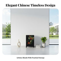 Hand-Painted Floral Cupboard Chinese aesthetic Nightstand Handmade Vintage Look for Art lovers, Bedroom, Hallway