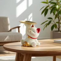 Welcoming Cat Statue Candy Dish Decorative Cat Figurine with Tray Tabletop Fortune Figurine for Reception Desk, Entryway, Coffee Table