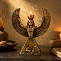 Isis Candle Holder Antique Bronze-Gold Ancient Egyptian Deity Statue Sculpted