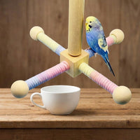Parrot Toy Bird Stand with Multi-Directional Arms, Wooden Perch Toy and Macaron Set, Screw Mount Entertainment for Small Medium Birds