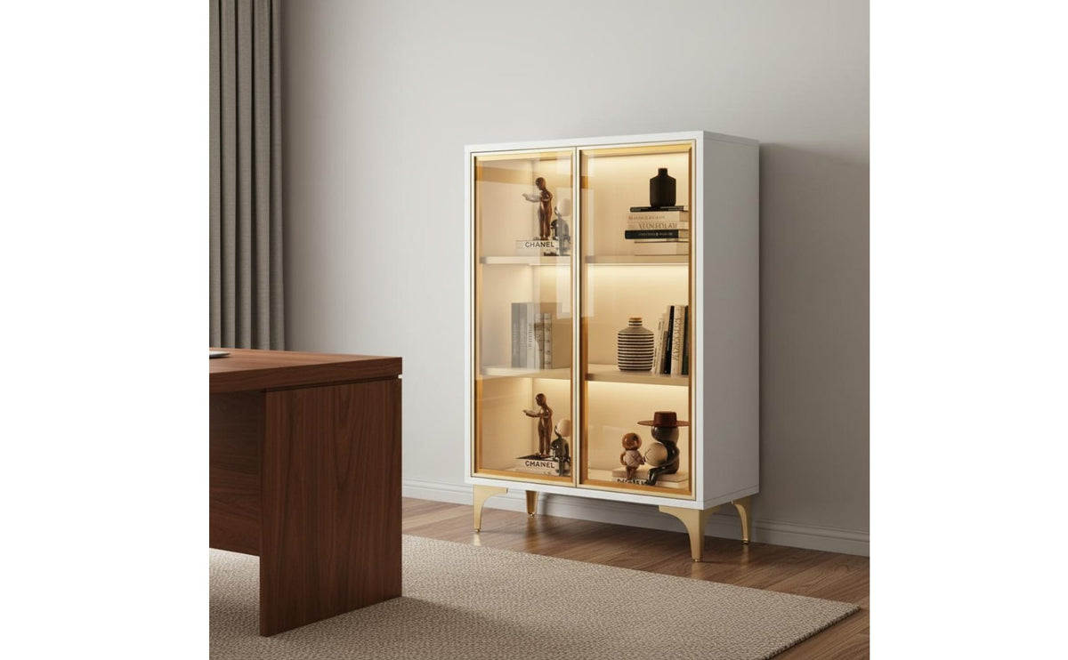 Multi-Layer Storage Bookcase with Glass Doors Large Capacity Modern Display Cabinet Built-in LED Lighting Home Furniture for Collectors