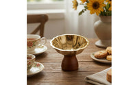 Fluted Dessert Bowl with Wooden Base Food-Grade Scalloped Dessert Cup Natural Stainless Steel Bowl with Wood Base Multipurpose for Parties