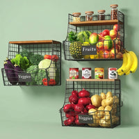 Kitchen Storage Hanging Basket with Wooden Lids for Vegetable Wall or Countertop Wire Rack, Foldable Design for Home