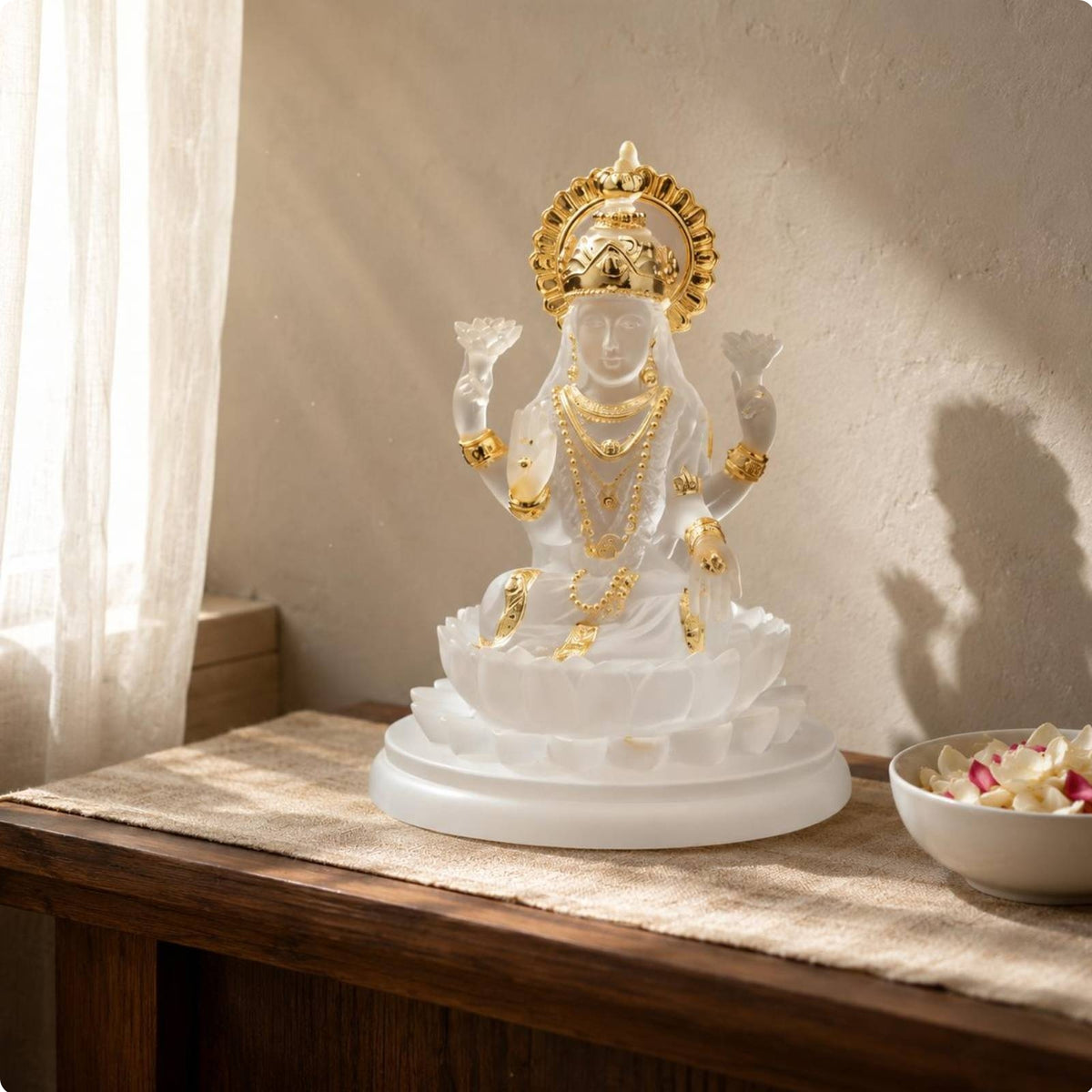 Gold Accents Resin Deity Figurine Frosted Finish Multi-Armed Deity Statue Translucent Lotus Pedestal Figurine Ornamental Design