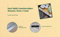 Metal Ruler, Multifunctional Measuring Tool, Drawing Compass, Metric & British Scales, Portable for School, Office, Engineers