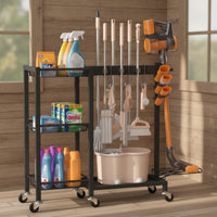 AllComplete Cleaning Tool Storage Rack Freestanding Broom Holder with Cleaning Supplies Organizer Wheeled Mop and Broom Holder Upright for Homeowners, Janitors, Utility Room, Garage, Closet