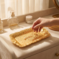 Ornate Gold Serving Tray Embossed Metal Tray with Handles Rectangular Vintage for Home Decorators, Hosts, Coffee Table, Tea Service