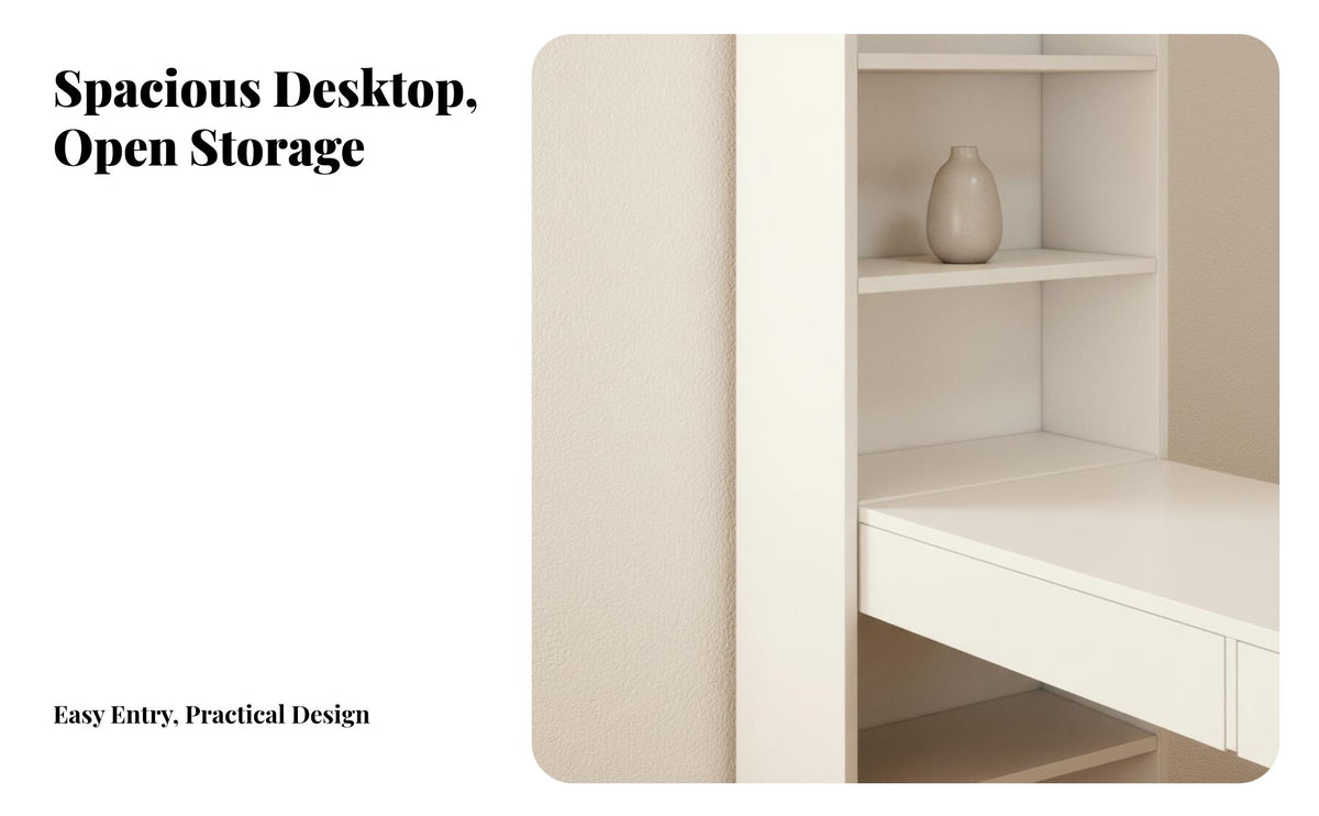 Creamy Design Desk with Side Bookshelf Space-Saving Writing Desk with Integrated Shelving Ample Storage Study Table Multi-Functional for Students, Teenagers, Telecommuting Workers, Bedroom, Small Areas, Dorm Room
