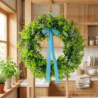 Artificial Greenery Wreath Spring Summer Fresh Green Leaf Wreath Realistic Ribbon Decorative Bow for Courtyard, Outdoor