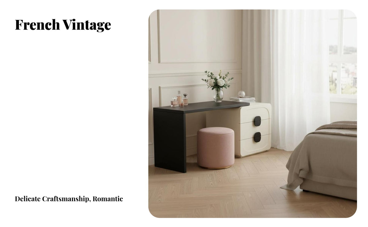 French aesthetic Vanity Set with Round Mirror Multi-Drawer Storage Makeup Table multi-functional Bedroom Furniture Easy Assembly for Adults, Women, young ladies, Home, Apartment, dressing area