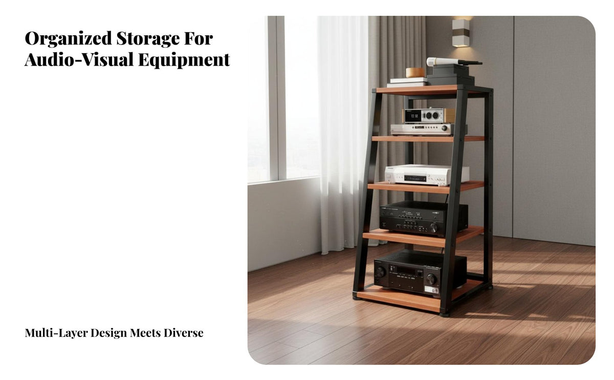 Stable Structure Steel and Wood Amplifier Rack Exposed-Air Shelving Home Theater Component Stand Heavy-Duty Home Theater Component Rack Space-Saving for Audiophiles, Living Room, Stage