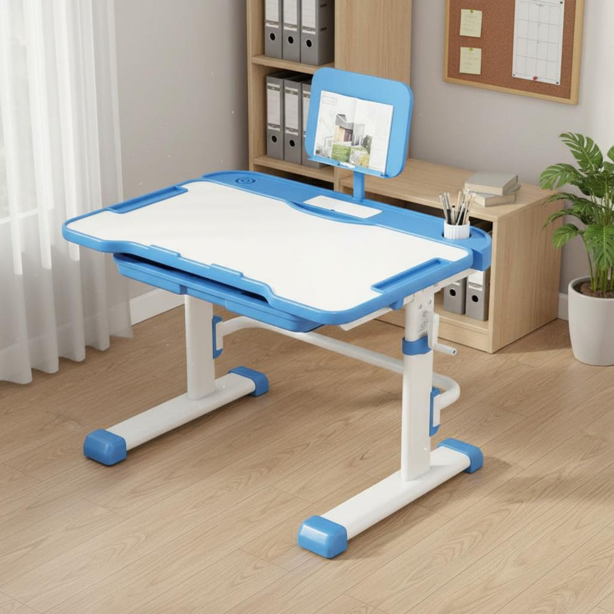 Adjustable Kids Study Desk Set Rounded Corners Height Adjustable Student Writing Table Non-Slip Foot Pads Kids Desk and Chair Set for Bedroom, Reading