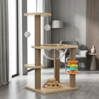 Space Capsule Cat Bed Wood Climbing Frame with Turntable Toy, Multi Level Activity Center for Adult Indoor Cats, Kittens Pets Density Board