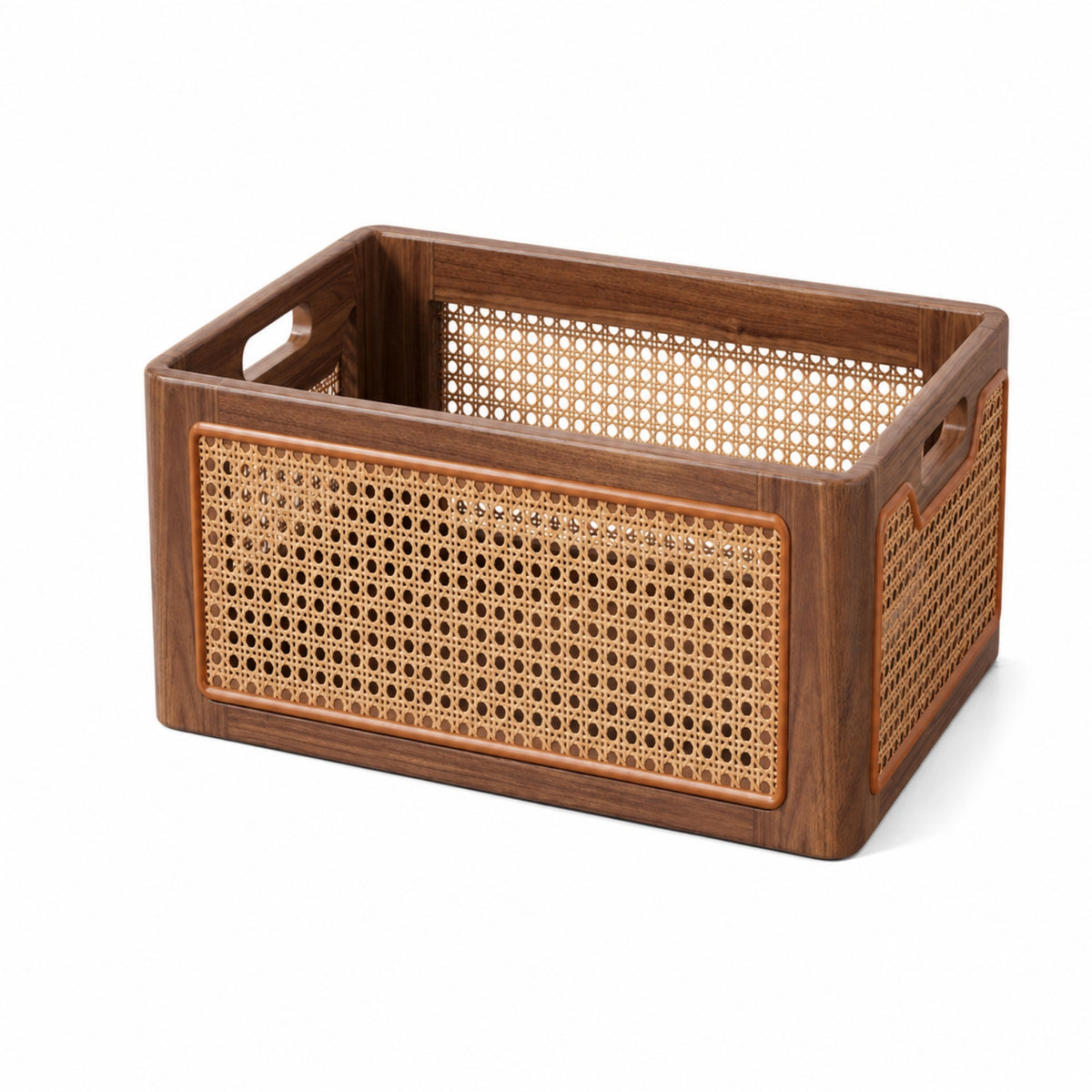 Wooden Basket with Rattan Panels Walnut Finish Organizer Farmhouse for Vanity