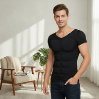 V-Neck Cosplay Shirt with Muscle Chest Short-Sleeve Fake Muscle T-Shirt Fitted Costume Top Seamless-Looking for Men, Cosplayers, Stage Performances