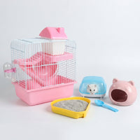 Hamster Cage and Syrian Hamster Habitat, 2-Tier Square Cartoon Style Golden Hamster Cage, Beginner Small Hamster Set for Indoor Use