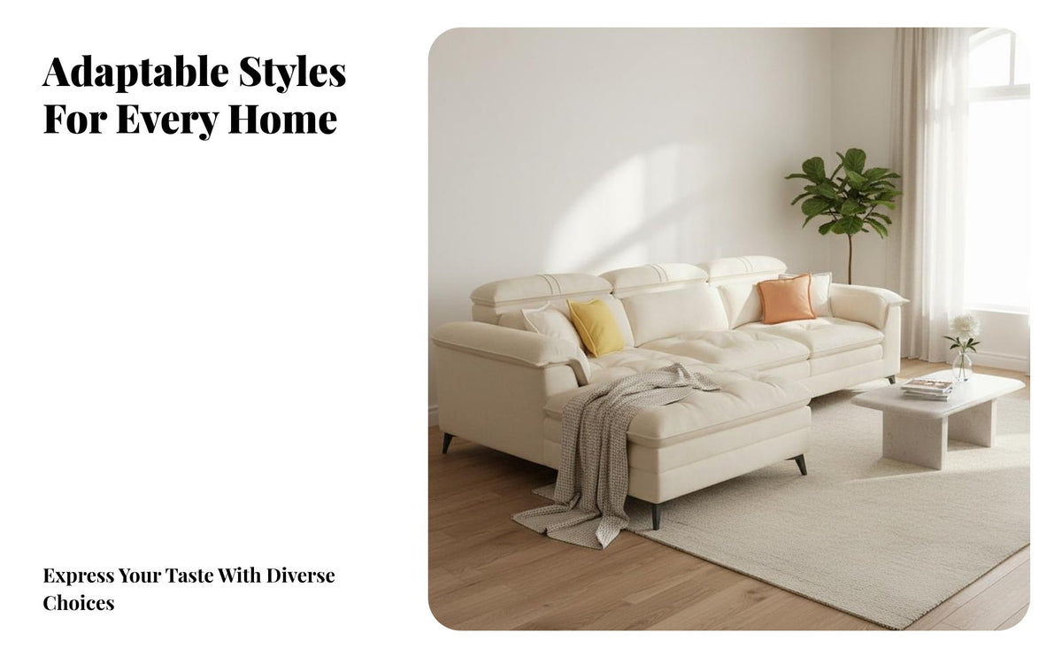 Chaise Sectional with Adjustable Headrests French Cream and design Living Room Furniture Small Space accommodating right-angled Couch for Homeowners, Lounge Area