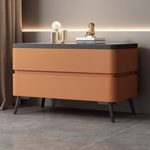 Sintered Stone Top Nightstand Solid Wood Construction Modern Nightstand with Drawers Scratch Resistant Leather Wrapped Bedside Table for Adults, Hotel
