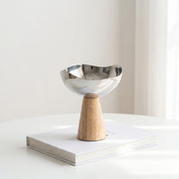 Fruit Bowl with Wood Base Stainless Steel Bowl with Pedestal Base Elevated for Dining Table