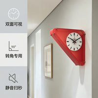墙面免打孔三角红色双面钟艺术亚克力磨砂静音挂钟转角客厅装饰
