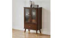 Display Cabinet with Drawer Walnut-Toned Glass-Front Freestanding Cabinet with Glass Doors for Living Room, Apartment