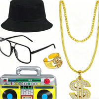 Hip Hop Gold Necklace Bracelet Black Bucket Hat Sunglasses Dollar Ring Party Costume Set