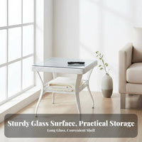 Square Woven End Table with Glass Top Minimalist Design Outdoor Furniture Space-Saving Easy to Clean for Adults, Balcony, Garden