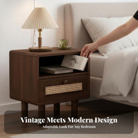 Nightstand with Rattan Drawer Retro Design Rattan Front End Table for Homeowners