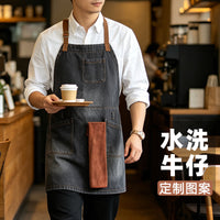 跨境水洗牛仔布围裙挂脖带韩版时尚咖啡厅工作服复古围裙定制logo
