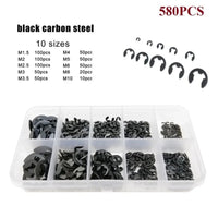 580PCS Black Carbon Steel Open E-Type Retaining Rings and Clips M1.5-M10, 10 Sizes