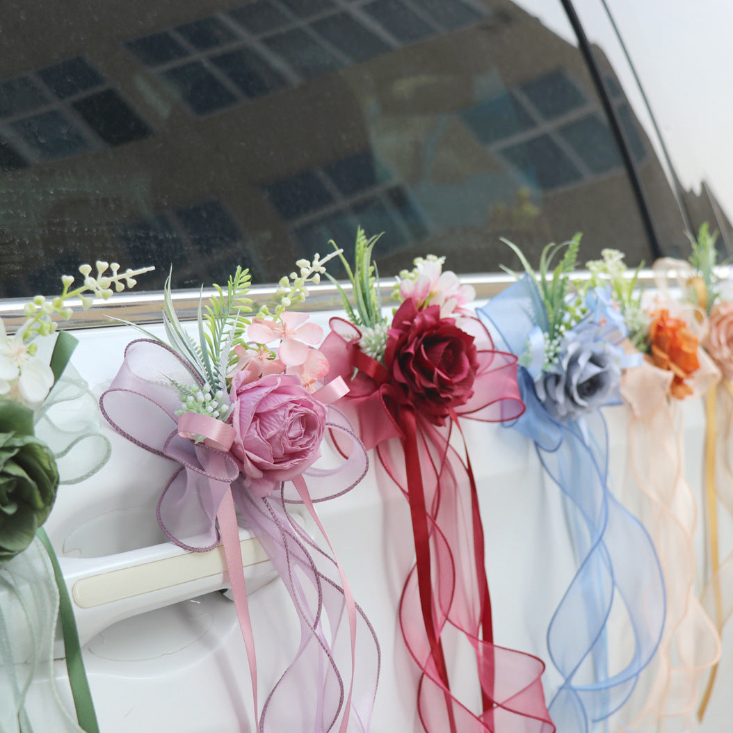 Wedding Car Rearview Mirror Decoration Flowers with Bow Door Handle Flowers Artificial Flowers for Staircase Handrails