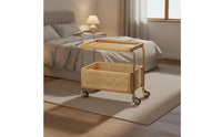 Movable Rattan Trolley Table Easy to Move Rattan Side Table Storage Rack Vintage Bedside Shelf Space-Saving for Living Room