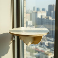 Sturdy Wood Cat Bed, Glass Suction Hanging Shelf, Balcony Sun Bed