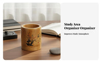 Bamboo Pen Holder Carving Round Bamboo Organizer Versatile Chinese Design Stationery Holder for Calligraphers, Artists