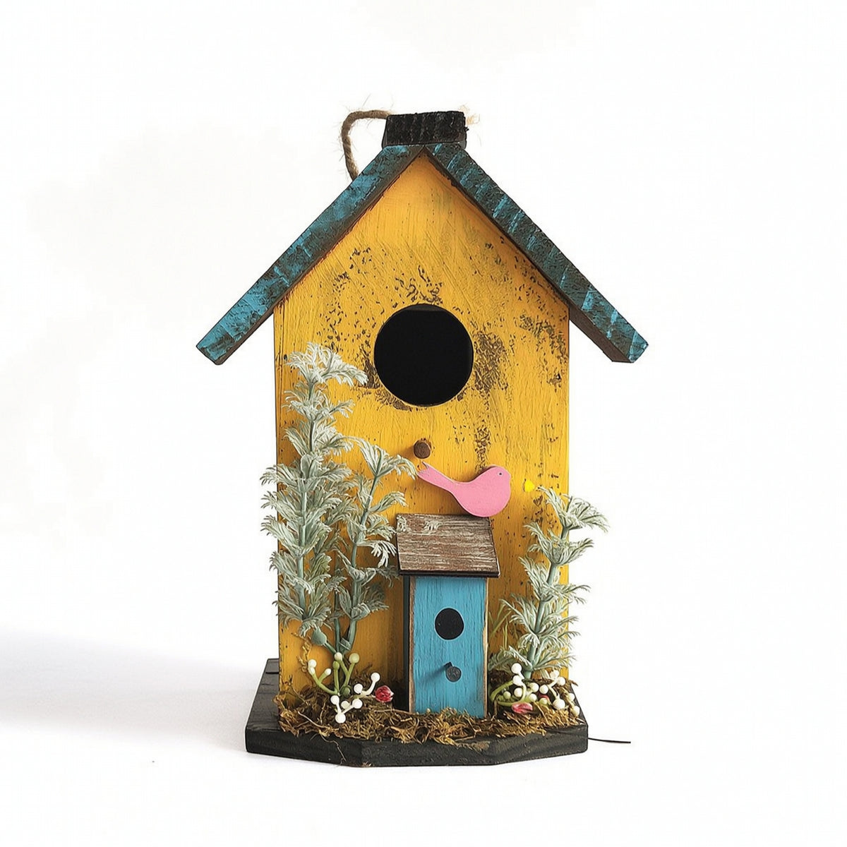 Rustic Decorative Birdhouse with Rope Wooden Hanging Birdhouse Artisan-Made Garden Decor Easy to Hang for Homeowners