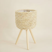Handwoven Woven Planter with Legs Natural Three-Legged Planter Stand Boho Corn-Rope Plant Basket Handmade for Home Decorators, Living Room, Indoor Garden, Bright Corners