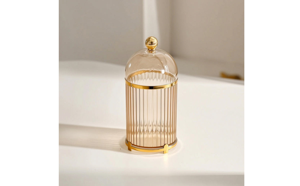 Gold-Toned Fruit Fork Holder with Lid Decorative Dessert Fork Storage Container Ribbed Utensil Holder with Lid Dustproof for Hosts, Homeowners, Dining Table, Kitchen Countertop