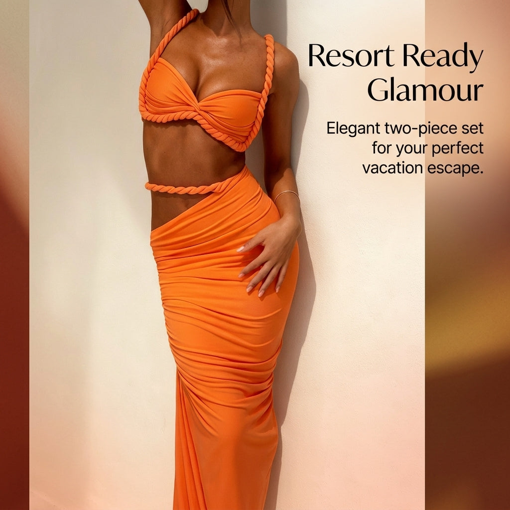 Swimsuits for Women with Backless Halterneck Design for Seaside Vacations, Stylish 2-Piece Featuring a Matching Long Skirt