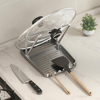 Ladle and Pot Lid Stand with Water Drip Tray, 2-Tier Plastic Cooking Utensil Holder, Tabletop Storage