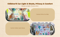 Car window sun and screen, retractable screen, sun protection, privacy, cartoon pattern, for babies and children, suction holder mount, universal fit
