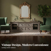 Multi-Functional Carved Oak TV Cabinet Glass Door Cabinets American Country Design Floor Cabinet Vintage Design Entertainment Center for Interior Design Enthusiasts, Homeowners, Families, Den, Bedroom, Home