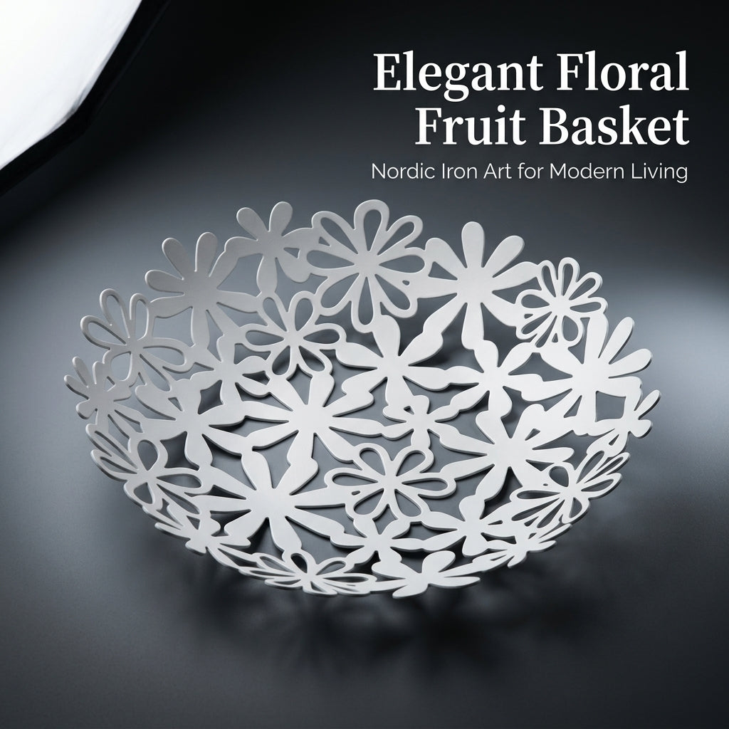 Metal Fruit Bowl with Flower Hollow Design for Kitchen Counter, Iron Basket for Minimalist Home Decor