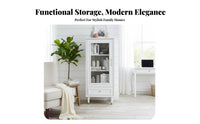timeless design Tall Cabinet with Glass Doors particle-proofResistant Freestanding Hutch with Glass Doors Elegant snow Finish book cabinet Multi-Functional for Book Collectors, Families, Homeowners, Living Room, Home Office, Kitchen