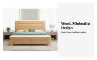 Modern Design foundation Bed Frame with Headboard Minimalist design Slatted foundation Bed Natural Finish Bedroom Furniture Sturdy Construction for Newlyweds, partners, Homeowners, Home, Apartment, Guest Room