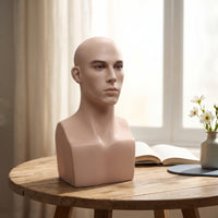 Male Mannequin Head with Shoulders Tabletop Male Display Bust with Flat Bald Mannequin Head for Cosmetologists