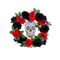 Mexican Halloween Red and Black Rose Wreath Door Hanger with Skull Wooden Sign