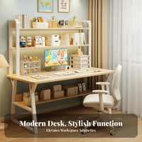 Study Table Desk with Bookshelf Computer Desk Hutch Multi-level Shelving Sturdy Steel Frame Ergonomic Workspace Suitable for Students Kids Bedroom Home Office